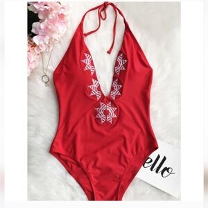 Red CUPSHE Plunge One Piece Embroidered Swimsuit M